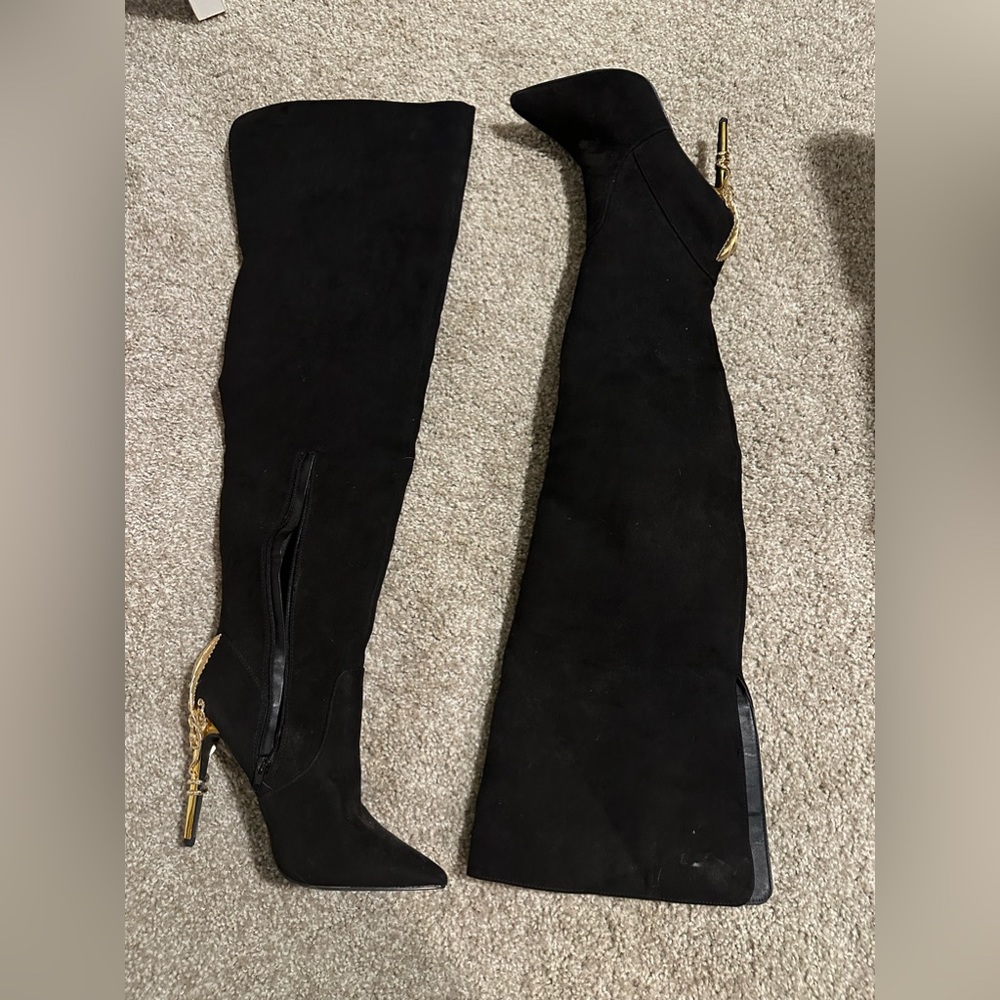 Black Thigh High Stiletto Heel Bootie.